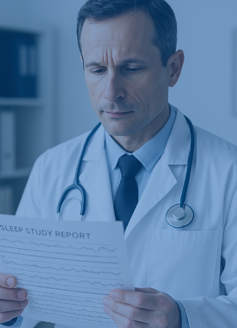 Doctor with a focused expression examining a detailed sleep study chart in a modern clinic, representing professional manual sleep scoring services.