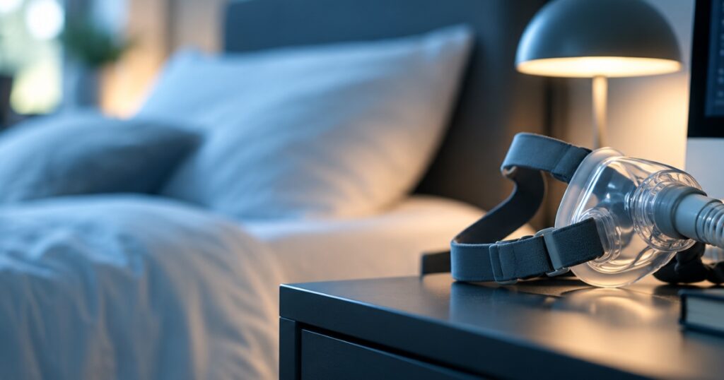 Sleep study diagnostic equipment with CPAP mask and digital sleep monitoring waveforms, representing professional sleep study scoring services.