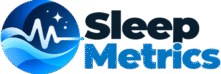 Sleep Metrics logo featuring a blue sleep waveform, crescent-inspired design and Montserrat-style lettering, representing professional polysomnography and sleep study scoring services.